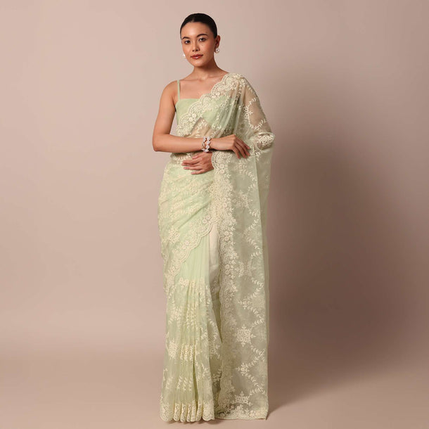 Pista Green Organza Silk Chikankari Saree With Floral Thread Jaal Work And Unstitched Blouse Fabric