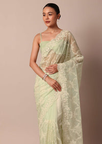 Pista Green Organza Silk Chikankari Saree With Floral Thread Jaal Work And Unstitched Blouse Fabric