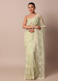 Pista Green Organza Silk Chikankari Saree With Floral Thread Jaal Work And Unstitched Blouse Fabric