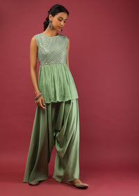 Pista Green Peplum Kurta And Cowl Dhoti Suit Set With Mirror Abla Embroidery