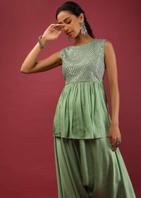 Pista Green Peplum Kurta And Cowl Dhoti Suit Set With Mirror Abla Embroidery