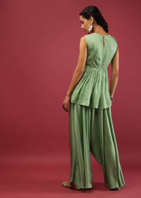 Pista Green Peplum Kurta And Cowl Dhoti Suit Set With Mirror Abla Embroidery