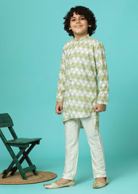 Pista Green Printed Silk Kurta And Pant Set