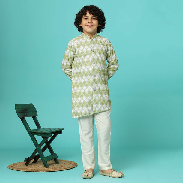 Pista Green Printed Silk Kurta And Pant Set