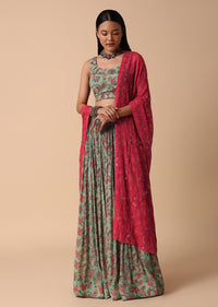 Pista Green Printed Lehenga With Embroidered Choli And Dupatta