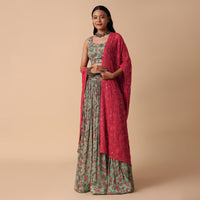 Pista Green Printed Lehenga With Embroidered Choli And Dupatta