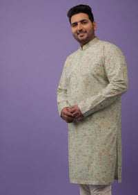 Pista Green Embroidered Kurta Set With A Printed Texture In Silk