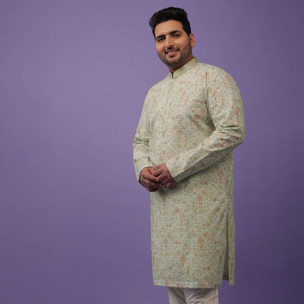 Pista Green Embroidered Kurta Set With A Printed Texture In Silk