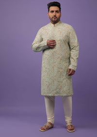 Pista Green Embroidered Kurta Set With A Printed Texture In Silk