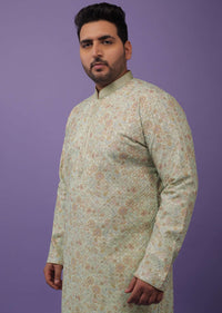 Pista Green Embroidered Kurta Set With A Printed Texture In Silk