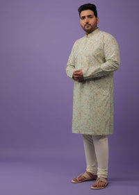 Pista Green Embroidered Kurta Set With A Printed Texture In Silk