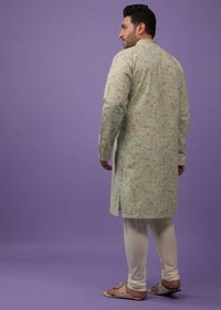 Pista Green Embroidered Kurta Set With A Printed Texture In Silk
