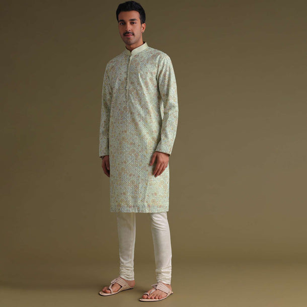 Pista Green Sequin Embroidered Kurta Set With A Printed Texture In Silk