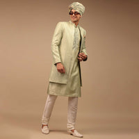 Pista Green Sherwani With Intricate Resham And Mirror Work