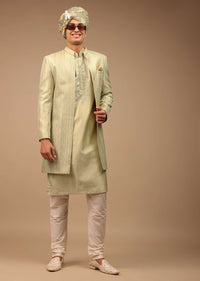 Pista Green Sherwani With Intricate Resham And Mirror Work