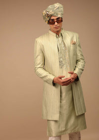 Pista Green Sherwani With Intricate Resham And Mirror Work