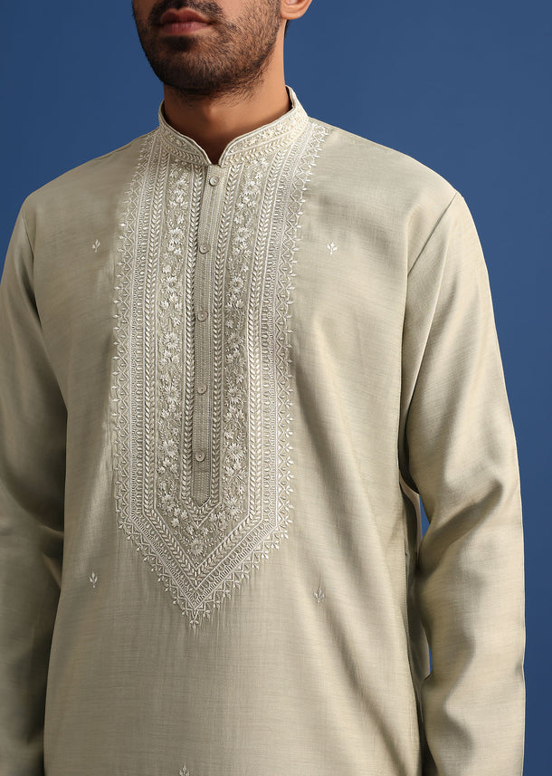 Pista Green Silk Hand Embroidered Kurta Set