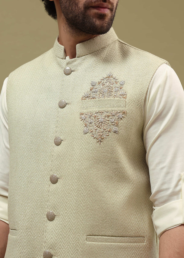 Pista Green Silk Kurta Jacket Set For Men