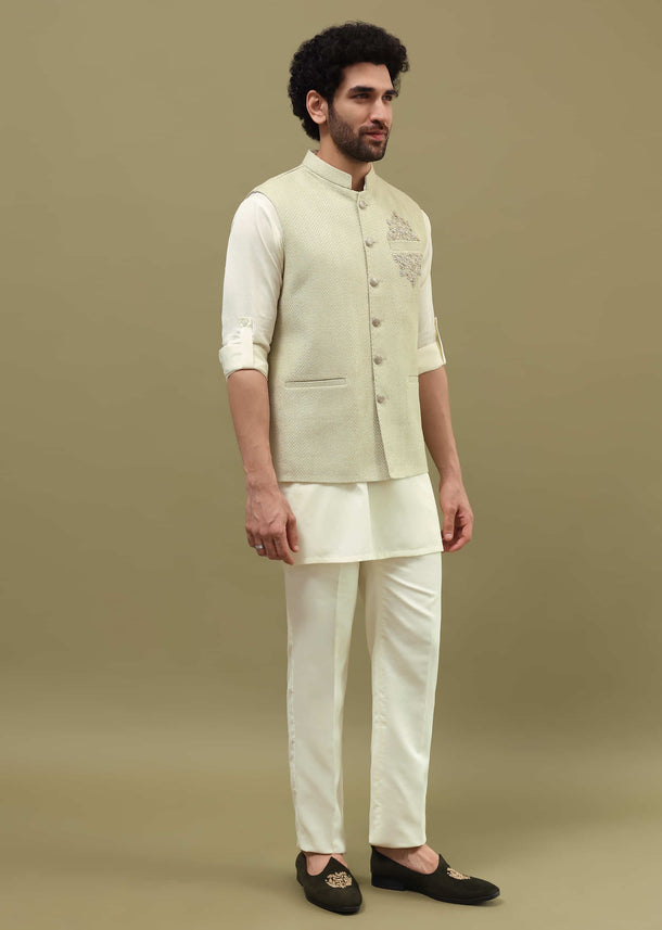 Pista Green Silk Kurta Jacket Set For Men