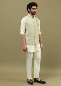 Pista Green Silk Kurta Jacket Set For Men