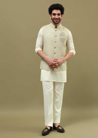Pista Green Silk Kurta Jacket Set For Men