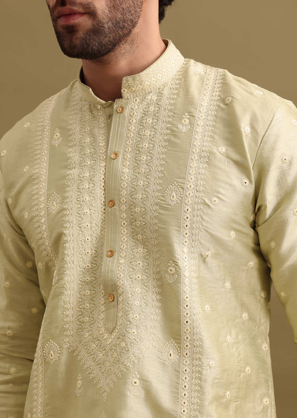 Pista Green Silk Kurta Set With Resham Work For Men