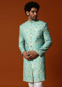 Pista Green Silk Sherwani Set For Men