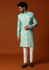 Pista Green Silk Sherwani Set For Men