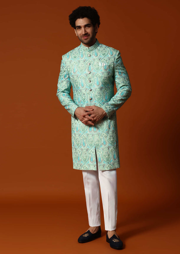 Pista Green Silk Sherwani Set For Men