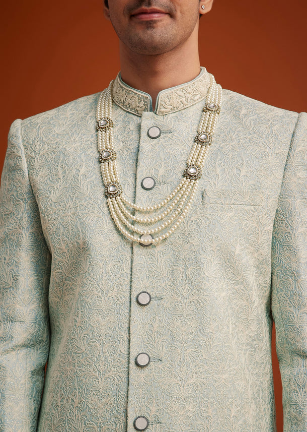 Pista Green Silk Sherwani Set With Beads Embroidery On Collar