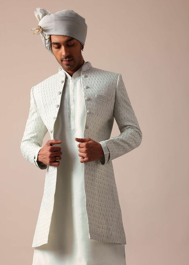 Pista Green Silk Sherwani With Intricate Embroidery