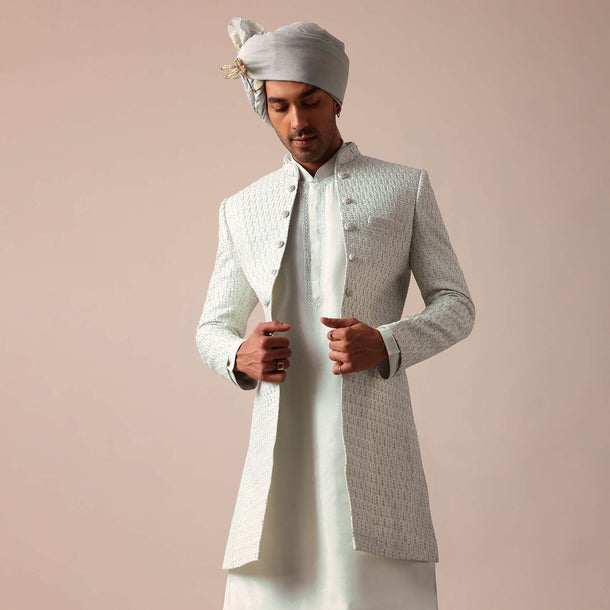 Pista Green Silk Sherwani With Intricate Embroidery