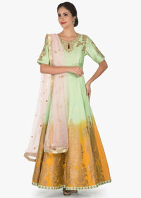 Pista Green Suit With Pink Dupatta Adorn In Zardosi And Sequin Work Online - Kalki Fashion