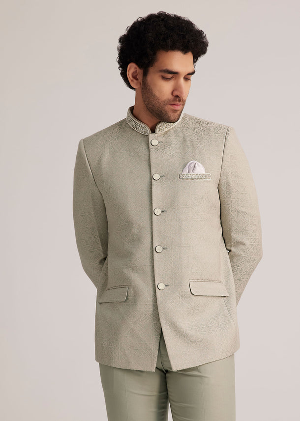 Pista Green Textured Bandhgala Suit