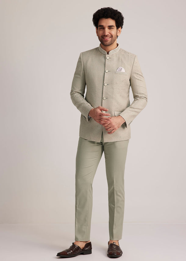 Pista Green Textured Bandhgala Suit