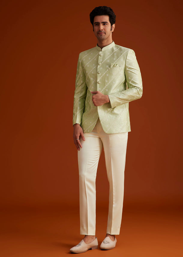 Pista Green Textured Jodhpuri Suit