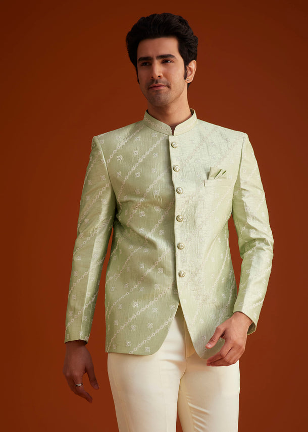 Pista Green Textured Jodhpuri Suit