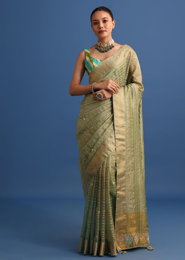 Pista Green Tissue Saree With Gota Patti And Zari Work And Lehriya Blouse