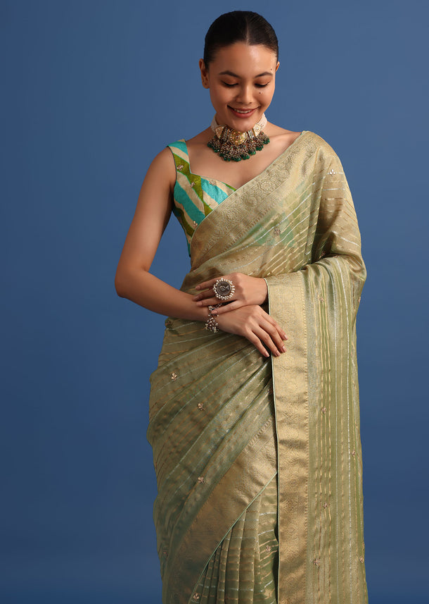 Pista Green Tissue Saree With Gota Patti And Zari Work And Lehriya Blouse