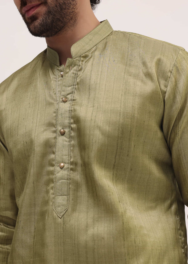 Pista Green Tussar Kurta Pyjama For Men