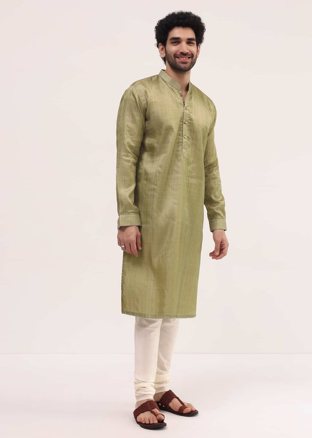 Pista Green Tussar Kurta Pyjama For Men