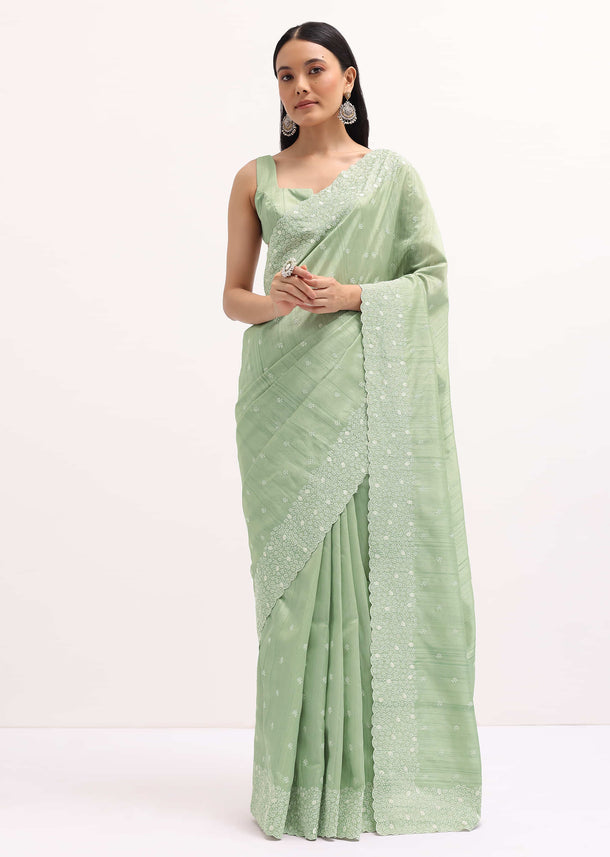 Pista Green Tussar Saree With Unstitched Blouse
