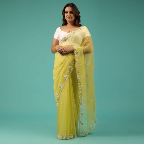 Pista Yellow Organza Fabricated Saree With Moti And Pearl Embroidery