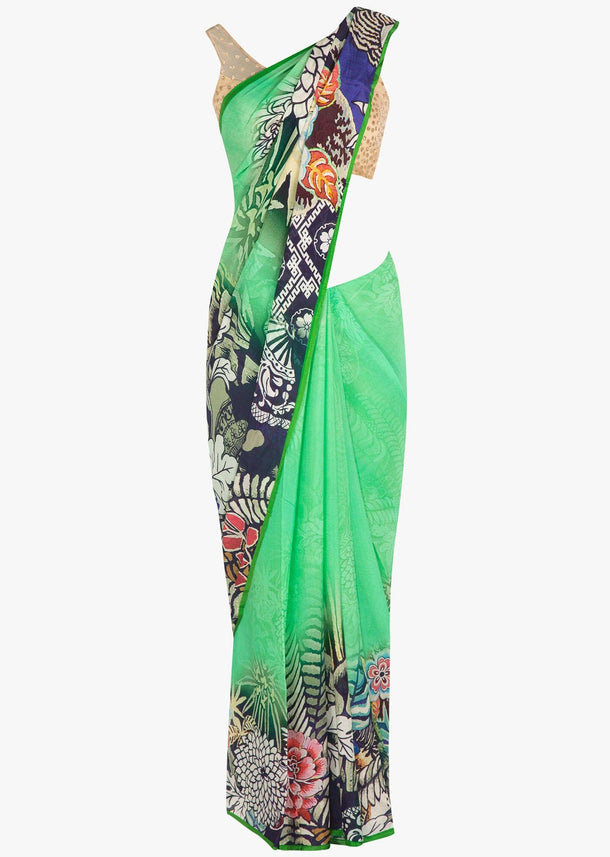 Pistachio green satin saree in floral print borders