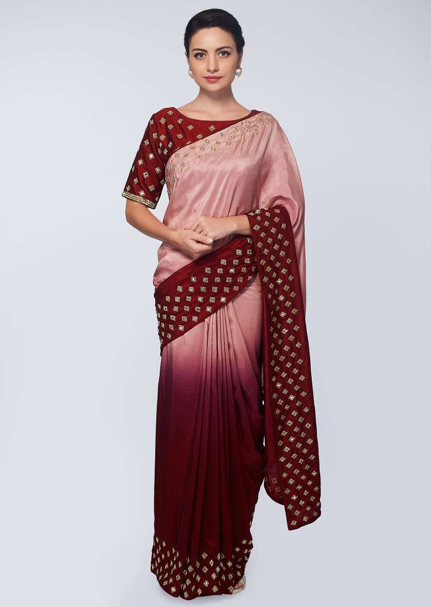 Plum and millennial peach  satin saree in abla and cut dana  embroidered butti 