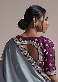 Plum Blouse In Raw Silk With Zardosi Embroidered Buttis And Round Neckline Online - Kalki Fashion