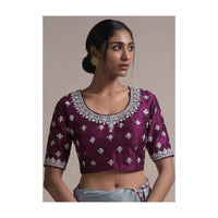 Plum Blouse In Raw Silk With Zardosi Embroidered Buttis And Round Neckline Online - Kalki Fashion