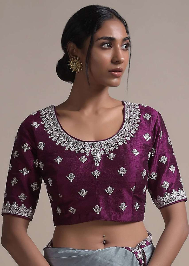 Plum Blouse In Raw Silk With Zardosi Embroidered Buttis And Round Neckline Online - Kalki Fashion