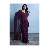 Plum Saree In Georgette With Ruffled Hem And Pallu Online - Kalki Fashion