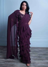 Plum Saree In Georgette With Ruffled Hem And Pallu Online - Kalki Fashion